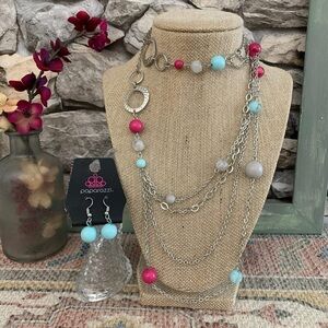Paparazzi Rainbow Radiance Pink Blue Gray Bead Necklace Earrings Set Blockbuster